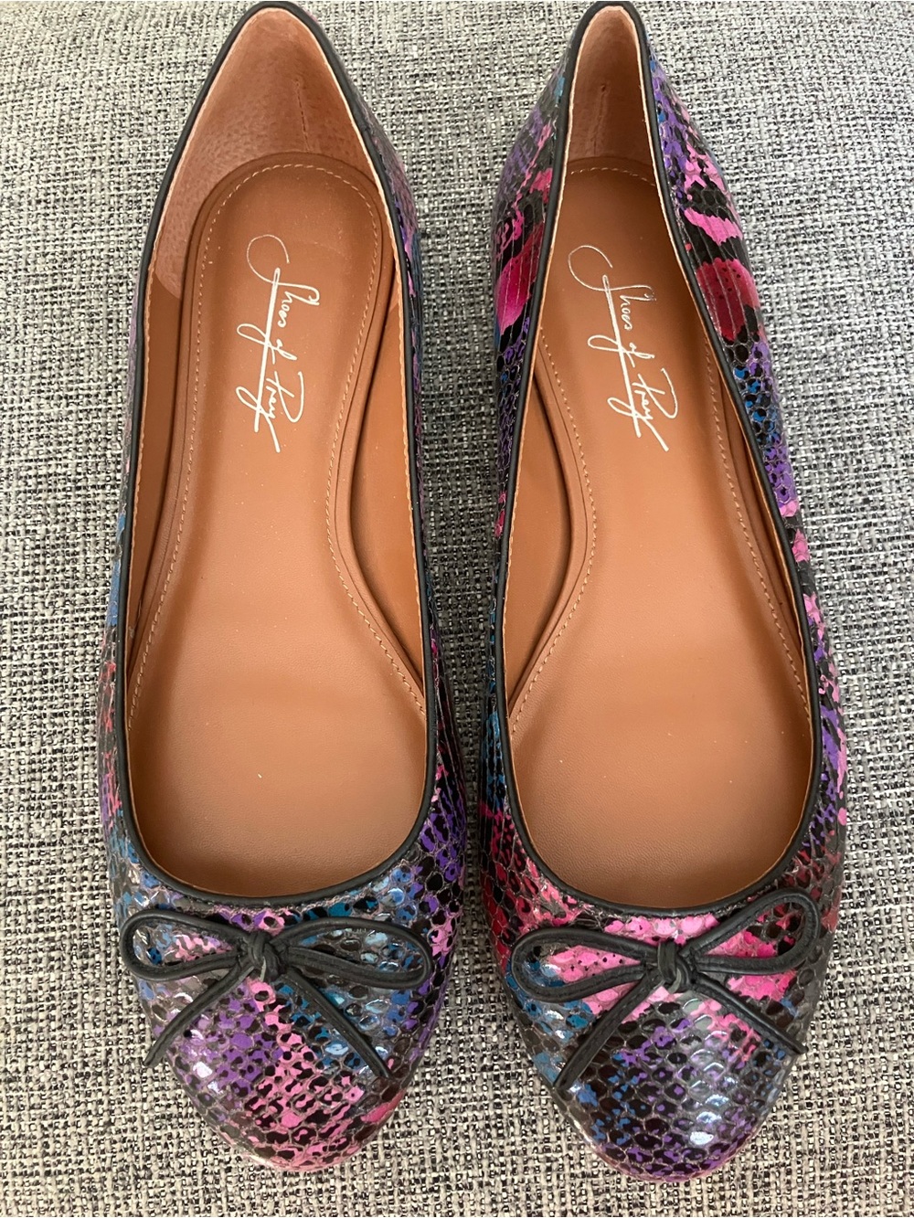 Shoes of Prey - Pink Purple Blue Snake-Print Ballet Flats with Bow